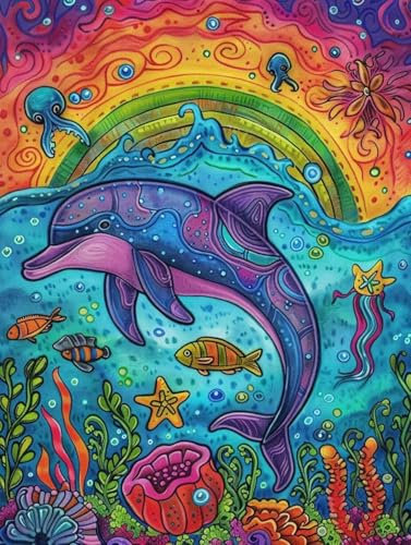 Peinture par Numero Dauphin 30x40cm Peinture Numero Adulte Poisson, DIY Activité Manuelle Kit de Peinture à L'huile Avec Pinceaux, Pigment Acrylique pour Décoration de la Maison (Sans Cadre) L-L