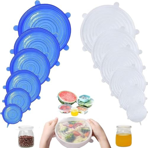 12pcs Silicone Lids Food Covers, 6 Sizes Silicone Food Covers for Yogurt Pots, Microwave and Tin Can Lids (White Blue)