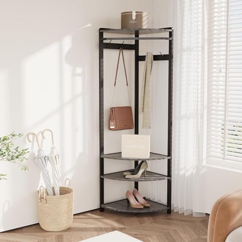 Garderobenständer Ecke, Eckgarderobe Metall mit 6 Doppelhaken/ Aufbewahrungsregal/ Schuhregal Offene Kleiderständer Flurregal Platzsparend Industrial Design für Flur Wohnzimmer Schlafzimmer Büro Grau