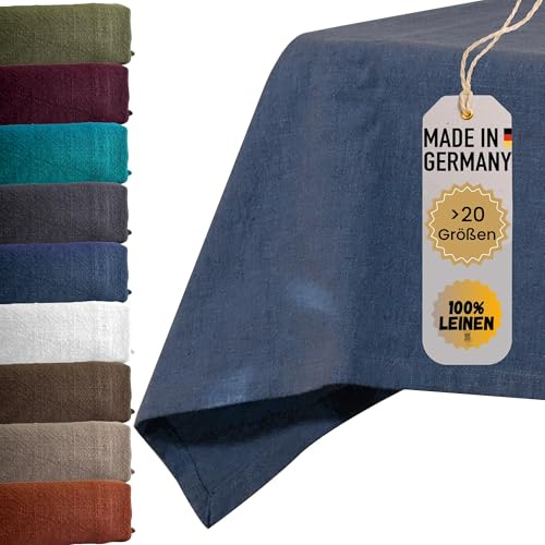 chambry Premium Tischdecke 100% Leinen Stonewashed - Handarbeit Made in Germany - hochwertige und nachhaltige Tischwäsche aus Naturmaterial - Blau 110cm x 160cm