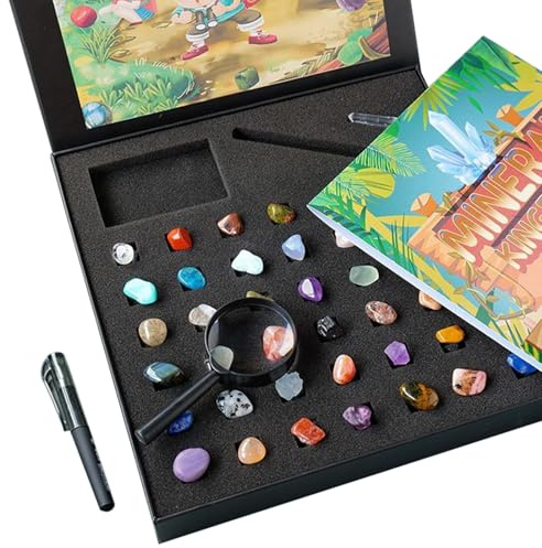 Vbvbip Kit de rocas de 43 piezas para entusiastas de la geología | Colección de rocas con herramientas de prueba de minerales, pantalla de geoda de cristal y muestras volcánicas | Estudio de