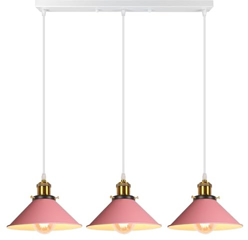 iDEGU 3 Lampes Suspension Luminaire Vintage 22CM Plafonnier Abat-jour Moderne en Métal Rétro Lustre Industriel E27 Lampe de Plafond pour Salle à Manger Salon Cuisine Restaurant (Barre, Rose)