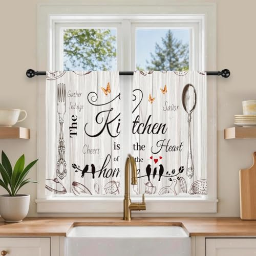 DOODLREAM 2 Panels Vintage Print Kitchen Curtains 36 Inch Drop | W 27.5 x L 36 Inch, Rod Pocket Rustic Farmhouse Tableware Curtains, Short Window Curtain Decor for Kitchen