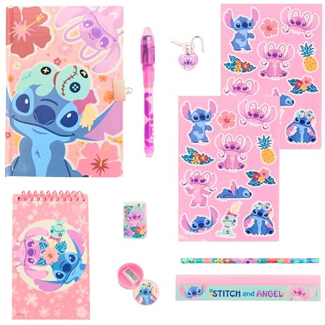 Disney Stitch Schreibwarenset, Enthält Lineal, Bleistift, Stift, Aufkleber, Radiergummi, Spitzer, Notizbuch und Schloss mit Schlüsseln, Geschenk Schreibwarenset für Mädchen