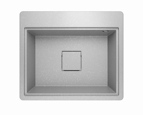 Lavello Lavello da incasso in granito, grigio argento metallizzato, profondità 58 x 49,5 cm, salvaspazio, facile da pulire, reversibile, lavello da cucina, 1 vasca, con ripiano per accessori e scarico