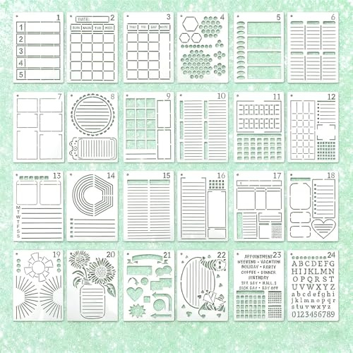 24 Stück Journal Schablonen Set (17,8x12,7cm/7x5Zoll) – PET Bullet Journal Planer für DIY Malerei, Notizbuch Dekoration