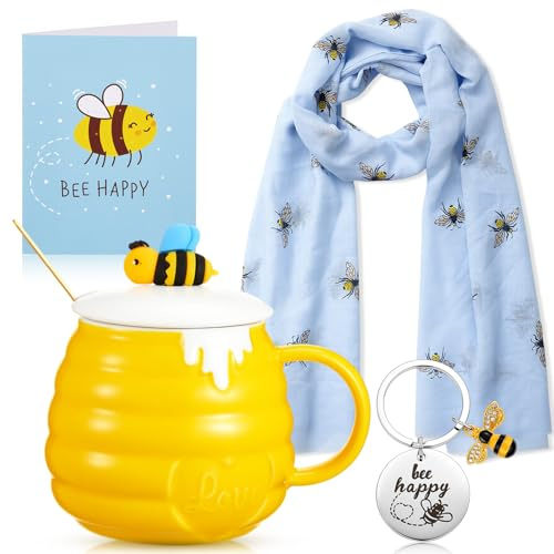 EBOOT 4 Pieces Bee Lovers Gifts Set for Women Including Ceramic Mug Tea Cup with Cover and Spoon, Women Silk Scarf Wraps Shawl, Keychain Keyring with Box and Gift Card Present for Bee Lover