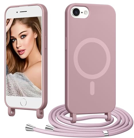 Coiwxmoi pour iPhone 7/SE 2022 avec Cordon, [Compatible avec MagSafe], Rose | Magnétique Coque Ultra Mince Souple TPU Silicone Étui Housse avec Collier Lanyard Lanière en Corde Case Camera Antichoc