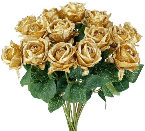 Auihiay 14STK Goldene Künstliche Rosen,Seidenrosenstrauß mit Langen Stielen für Valentinstag, Jahrestag, Torten Dekoration & Wohnungsdekoration