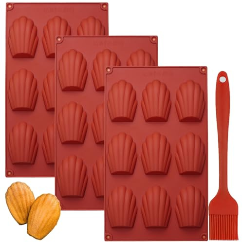 YXHZVON Madeleine Backformen, 3 Stücke Silikon Madeleines Backformen 9 Hohlräume mit 1 Stücke Silikonbürste, Schokoformen Silikon BPA Freie für Mini-Kuchen Schokolade (Rot)