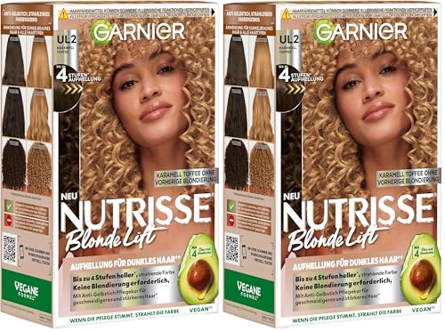 Garnier Nutrisse Blonde Lift Aufhellung für dunkles Haar in Karamell Toffee mit 4-Stufen-Aufhellung ohne vorherige Blondierung, 1 Stück (Packung mit 2)