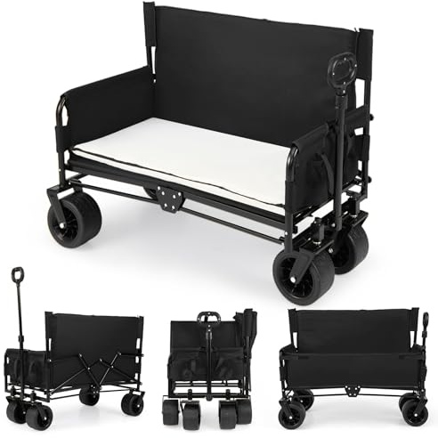 COSTWAY 2 in 1 Bollerwagen faltbar mit Sitzbank, Strandwagen mit verstellbarem Griff, Kissen & Seitentaschen, Handwagen bis 80 kg Belastbar, Gartenwagen Transportwagen für Camping, Einkaufen (Schwarz)