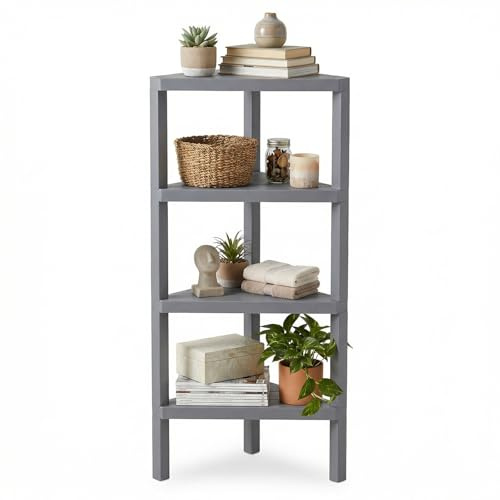 KOMFOTTEU Eckregal 4 Ebenen, platzsparendes Eckregal aus Kunststoff mit 4 offenen Ablagen, belastbar bis 32 kg, Badezimmerregal für Bad Küche Wohnzimmer Schlafzimmer Büro, 46 x 33 x 99 cm (grau)