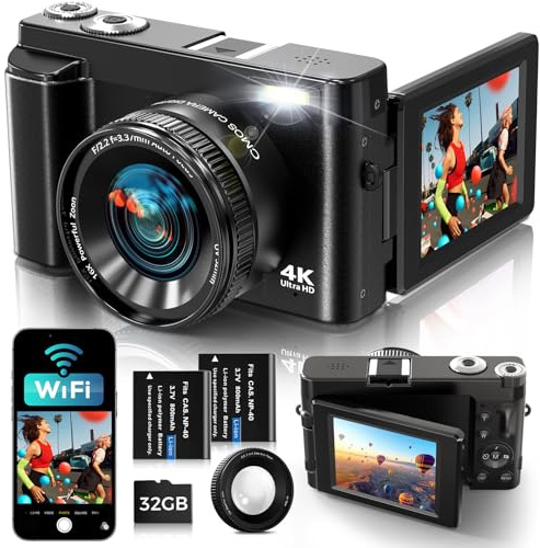 Fotocamera Digitale 4K con WiFi 64MP Macchina Fotografica Digitale con Schermo 3 180° Flip, Schede da 32 GB, 2 Batterie, Zoom Digitale 16X, Autofocus, Anti-Shake per Adolescenti, Adulti, Principianti