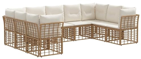 vidaXL Outdoor-Sofagarnitur Natürlich und Cremweiß Polyester, Modularer Wohnzimmersofa-Set für draußen, modernes Rattan, wetterfest, stufenlos verstellbare Füße für Gartenlounge