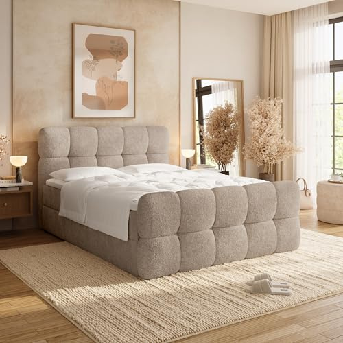 BROMARKT Boxspringbett mit Topper und Bettkasten 180x200 Beige | Doppelbett Betten für Schlafzimmer mit Bettkasten Bed Bett mit Matratze Bettgestellt mit Kopfteil und Fußteil Squares Duo