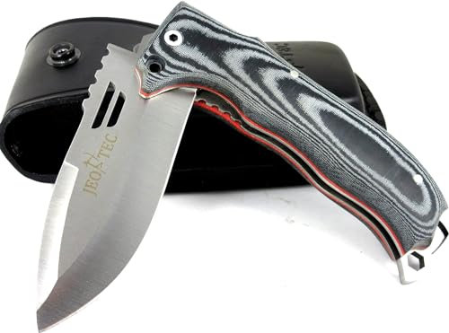 JEO-TEC Nº49 Coltello Pieghevole de Caccia, Sopravvivenza, Bushcraft, Outdoor - Lama 10 cm in Acciaio Inox MOVA-58 - Custodia in Pelle - Fatto a Mano in Spagna Folding Knife