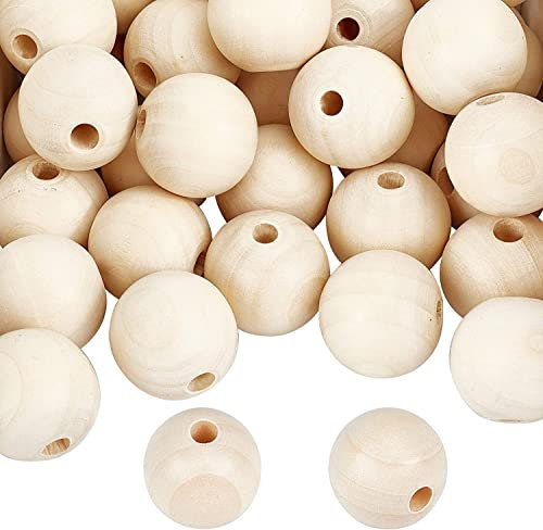PandaHall 50 Stück Natürliche Holzperlen 30mm Durchmesser 7mm großes Loch unbehandelte Holzkugelperlen Holzhandwerksperlen für DIY Quaste Makramee Weihnachtsgirlande Baum Projekt Geldbörse Riemen