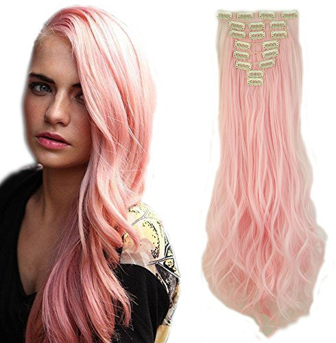 Extension Clip Capelli Mossi Lunghi Sintetici Rosa 60cm - 8 Fasce con 18 Clip Full Head 140g (Rosa Chiaro)