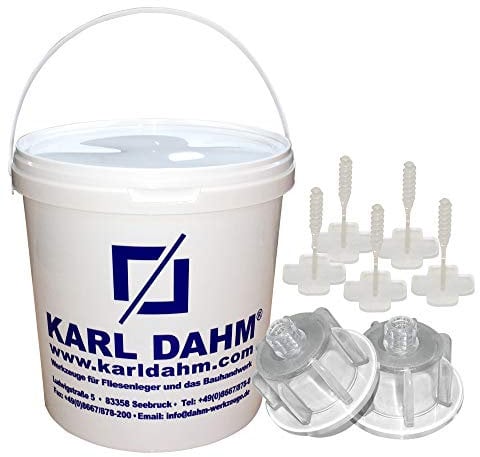 Karl Dahm Fliesen Nivelliersystem Levelmac Basis-Set für 2 mm Fugen: 50 transparente Zughauben für Fliesenstärke 3-12 mm + 250 Gewindelaschen + Eimer I Professionelle Fliesen Verlegehilfe – 12546