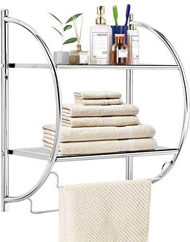 COSTWAY Etagère Murale de Salle de Bain,Meuble de Rangement en Métal Chromé Inox avec 2 Tablettes de Conception Creuse et 2 Porte-Serviettes pour Toilettes,WC 45 x 25,5 x 55CM