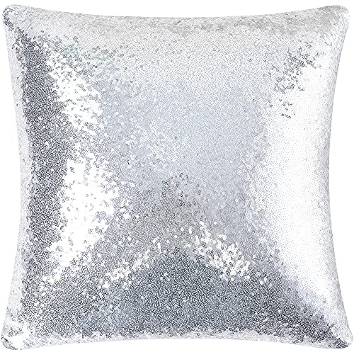 PiccoCasa 1 x Pailletten-Kissenbezug, 45 x 45 cm, glitzernder, dekorativer Kissenbezug, glänzend, funkelnd, Satin, quadratisch, für Wohnzimmer, Dekoration, Hochzeit, Party, Silber