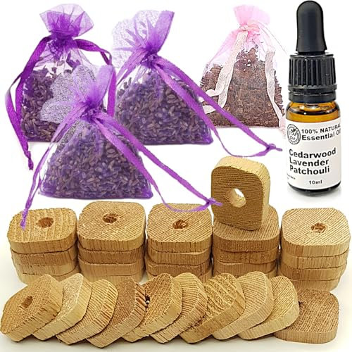 STAFECO Mottenschutz für Kleiderschrank, natürliches Set, 24 Zedernholz Ringe, 3 Lavendel,1 öl, 1 x Beutel Patschuli100%