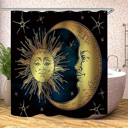 TJZ HOME YL1412 Rideau de douche en tissu polyester imprimé soleil et lune et étoiles dorées sur ciel bleu et noir Style antique Rideaux de salle de bain avec crochets 183 x 183 cm (l x L)