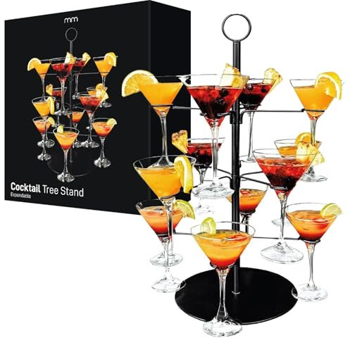 Mikamax Présentoir à Cocktails – Arbre à Boissons à 3 Niveaux Extensible pour 12 Verres – Noir Mat 55,5 cm – Support de Fête pour Cocktails, Champagne et Vin – Facile à Assembler