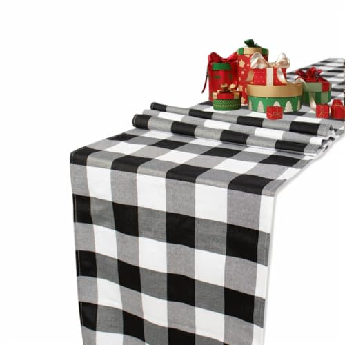 ShinyBeauty Chemin de table blanc et noir Buffalo Plaid Chemin de table à carreaux 35,6 x 182,9 cm Chemin de table en lin pour fête de ferme Gingham Décoration de table pour cuisine