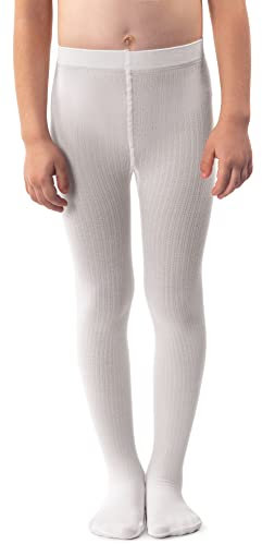 NOQ Collant per ragazze in maglia tinta unita Calze bambini opache calde per la scuola Spettacolo di danza classica Nursery, Bianco 146/152 cm