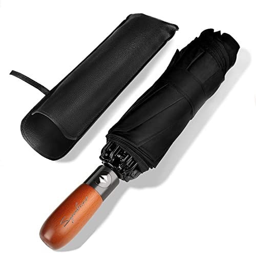 Superbison Folding Travel Windproof Umbrella,10 Ribs Reverse Wooden Handle Auto Open/Close Rain Umbrella,Portable Compact Backpack Umbrella for Men/Women,Lightweight (Classical Black)
