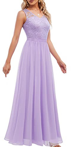 DRESSTELLS Damen Abendkleid Lang Elegant für Hochzeit Chiffon Brautjungfernkleider Bodenlang Cocktailkleid Spitzen Ärmellos Ballkleid Lavender 2XL