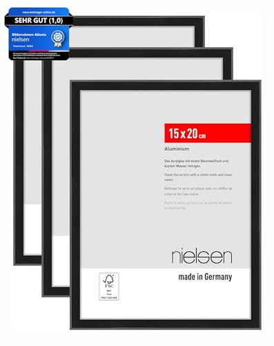 nielsen Bilderrahmen, 15 x 20 cm (3er Set), Aluminium, Schwarz matt, Fotorahmen zum Auftstellen im Hoch- & Querformat, bruchsicheres Kunstglas, Atlanta