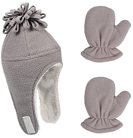 LACOFIA Cappellini Beanie e Manopole Caldo Pile per Neonato Berretto da Pilota Invernale con Paraorecchie e Guanto da Bambino Grigio 1-3 Anni