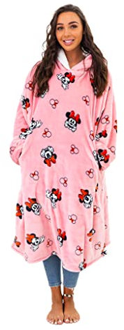 Disney Official Minnie Mouse Oversized Wearable Hooded Fleece, Super Warm and Cosy Sherpa Lined, Love Design, Perfect For Teens, Women and Men, One Size Suggested Height 110cm+ Pink (DMNLOVHB002UK)