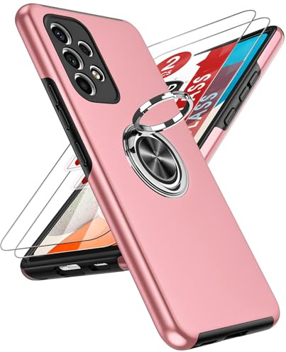 LeYi für Samsung Galaxy A53 5G Hülle mit 2 Panzerglas‑Schutzfolien-Rosa | Samsung Galaxy A53‑5G Hülle für TPU Militärschutz Hybrid Schutzhülle mit 360° Metall Ring Halter Ständer Stoßfest Case Cover