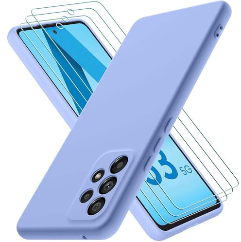 Oureidoo Cover per Samsung Galaxy A53 5G con 3 Pezzi Pellicola Vetro Temperato, Custodia in Morbida Silicone Liquido, Sottile e Antiurto con Rivestimento in Microfibra AntiGraffio, Viola