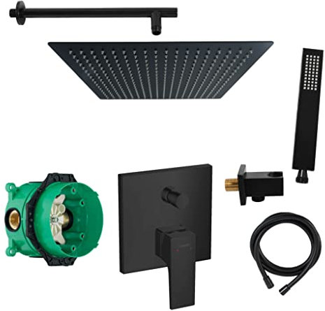 vanvilla Duschsystem mit Unterputz Duscharmatur von Hansgrohe Einhebelmischer und vanvilla Regendusche mit Armatur, Duschkopf eckig, Dusch-SET HGS01-XL schwarz matt beschichtet