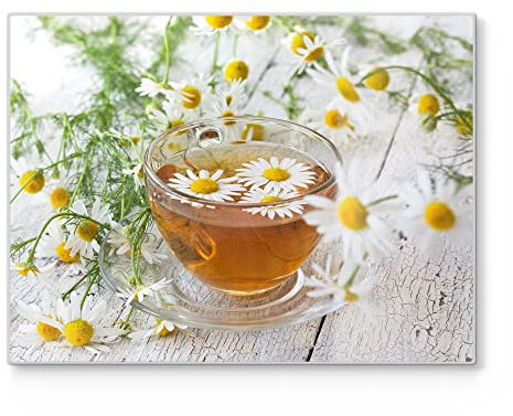 DEQORI Schneidebrett aus Glas | groß 40x30 cm | Motiv Tee mit Kamillenblüten | Design Schneideplatte für Küche | Frühstücksbrett antibakteriell & rutschfest | Glasplatte & Servierplatte