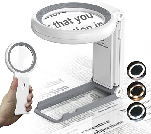 Lupe mit Licht und Ständer, 30X 10X Faltbare Leselupe mit 18 LED-Licht, Dimmbare Große Glas-Handlupe, Schreibtischlupe für Senioren, Juwelier, Handwerk, Bücher, Münzen, Makuladegeneration…