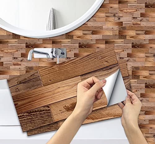A.Monamour Selbstklebend PVC Klebefliesen Fliesenaufkleber 3D Fliesen Holzoptik Wasserdicht Wand Folie Deko Fliesenfolie Klebefolie Fliesensticker Treppe Aufkleber für Küche Bad Backsplash 15cmx30cm