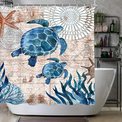 Lerores Duschvorhang 240x180cm Meeresschildkröte, Beschwerter Saum Antischimmel, Wasserabweisend, Waschbar Polyester Stoff Badevorhänge mit Ösen und 16 Duschvorhangringe für Badezimmer, Badewanne