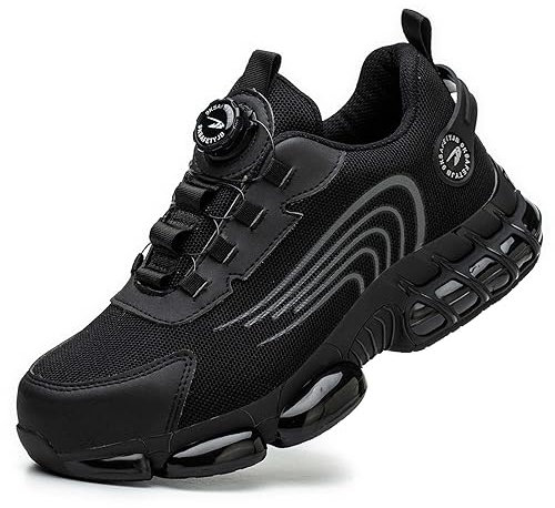 SDEQA Sicherheitsschuhe Herren Leicht Trends Drehknopf Arbeitsschuhe Atmungsaktiv Schutzschuhe mit Stahlkappe Sportlich Sneakers,Schwarz,46 EU