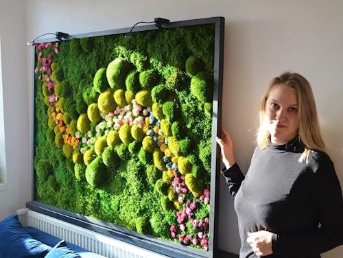 MossPerfect Wandkunst aus Moos und Trockenblumen mit Led-lampen – Moosbilder mit Rahmen – Mooswand Lebend – Moosbild – Moos Wanddeko Deko Natur Bild Wand – 152x71x4cm