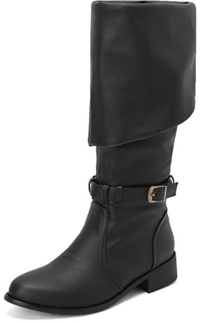 Wavyvigs Donne Coscia Stivali da Equitazione Polpaccio Largo Fibbiad Cinghia Stivali al Ginocchio Cosplay Pirate Stivali Donne Nero Taglia del Marchio 43