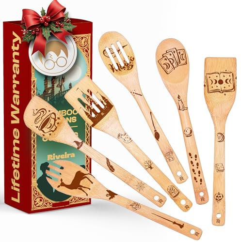 Riveira Magic Wizard Harry Potter Gifts Bio-Holzlöffel für Kochutensilien, 6-teiliges Set, Weihnachtsgeschenke für Frauen, Küchenutensilien, Spatel für Antihaft-Kochgeschirr, Geschenke für