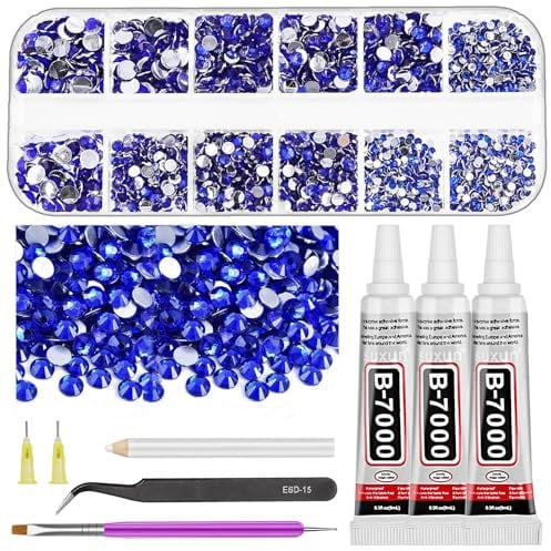 GLARKS Rhinestone Gems Kit, 2600Pcs Dark Blue Rhinestones with Gems Adhesive Flat Back Gems Crystal Rhinestones with 6Pcs Dotting Tools for Craft, Nail Art