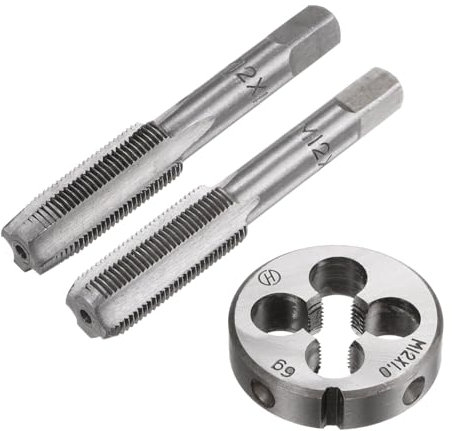 sourcing map 3Pcs Juego de Machos y Terrajas Métricas M12 x 1 Machos Cónicos/para Fondo + Terraja Redonda Kit de Herramientas de Roscado Manual para Reparación
