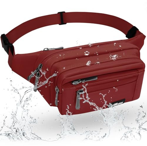 REETEE Sac Banane Homme Imperméable Sacoche Banane avec 5 Poches et Sangle Réglable, Grande Capacité Sac Banane pour Homme Femme Voyage Randonnée Pochette Ceinture (A-Rouge foncé)